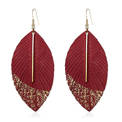 Bohemian Handmade Lightweight Color Large Genuine Soft Leather Fringe Feather Leaf Tear Dangle Drop Earrings for Women Statement - color: 2-Red