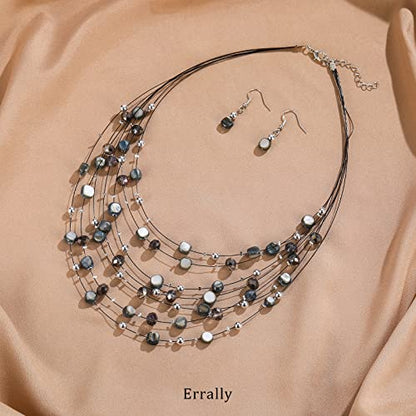 Multi-Layer Boho Shell Beaded Necklace for Women Colorful Crystal Strand with Silver Beads Statement Collars Necklace and Earrings Costumes Jewelry Sets for Women - color: Black