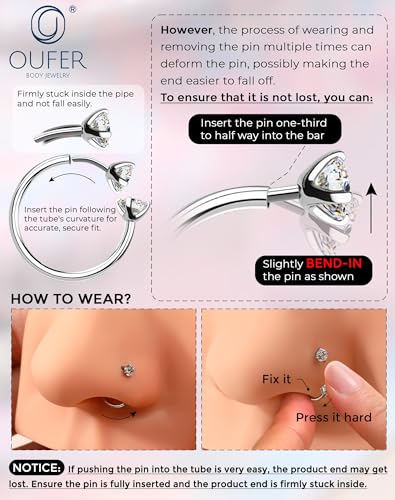 OUFER 2PCS 316L Surgical Steel Horseshoe Nose Rings Hoops, 20G Push Pin Threadless Nose Rings For Women Men, Double Crystal Horseshoe Septum Lip Eyebrow Helix Daith Ear Piercing Jewelry-7mm and 8mm - color: Gold, Clear CZ