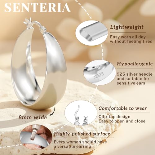 Senteria 12mm Wide Thick Sterling Silver Hoop Earrings Hypoallergenic | 14K Real Gold Plated Hoops Large Earring Lightweight Chunky Hoops Earring for Women Gift for Birthday Christmas 25/30/40/50MM - color: silver 8-30mm