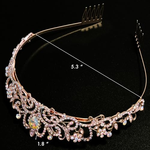 TAROSE Crowns for Women, Queen Crystal Gold Silver Tiaras Goddess Crown | with White Rhinestone and Combs, Wedding Bride Birthday Princess Bridal Shower Hair Accessories for Women - color: 1 D. Rose Gold+AB