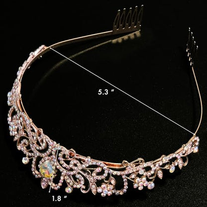 TAROSE Crowns for Women, Queen Crystal Gold Silver Tiaras Goddess Crown | with White Rhinestone and Combs, Wedding Bride Birthday Princess Bridal Shower Hair Accessories for Women - color: 1 D. Rose Gold+AB