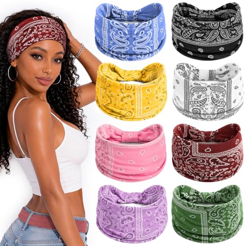 Awumbuk Wide Headbands for Women Knotted Non Slip, 8 Pack Soft Head Bands to Hide Hairline, Fashion Boho Style Bandana, Moisture Wicking Hair Bands for Workout Sports Yoga Makeup - color: Paisley blue