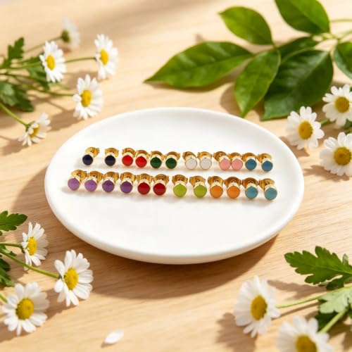 12 Pairs 18K Gold Plated Surgical Stainless Steel Stud Earring Cubic Zirconia CZ Multicolor Birthstone Stud Earrings Set - style: gold enamel 3mm