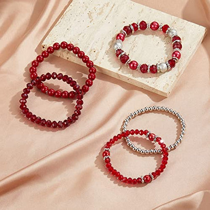 Noessla Beaded Pearl Stretch Bracelet Silver Stackable Crystal Beads Bracelets Trendy Costume Jewelry Mothers Day Gifts for Women - color: Red
