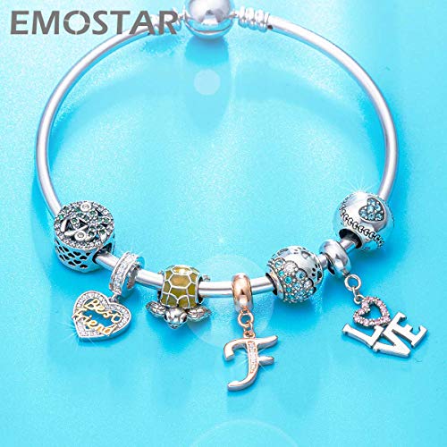 EMOSTAR Letter Charms Initial A-Z Alphabet Beads, Rose Gold 925 Sterling Silver Dangle CZ Birthstone Pendant, Gifts for European Charm Bracelet/Mothers Day/Birthday - color: Letter F