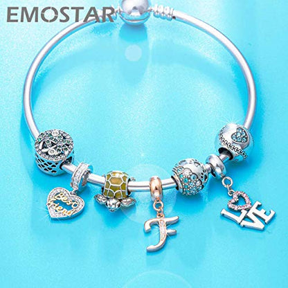 EMOSTAR Letter Charms Initial A-Z Alphabet Beads, Rose Gold 925 Sterling Silver Dangle CZ Birthstone Pendant, Gifts for European Charm Bracelet/Mothers Day/Birthday - color: Letter F
