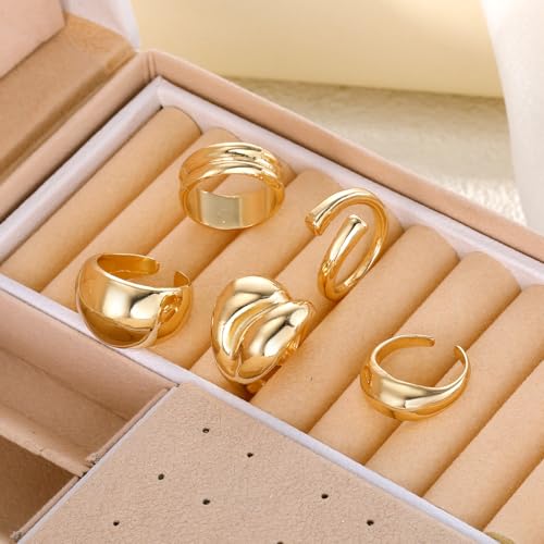 Chunky Rings for Women Non Tarnish 14k Stackable Dome Statement Rings Sets Vintage Dainty Knuckle Open Midi Finger Rings Jewelry Pack Gifts - style: 5PCS-2