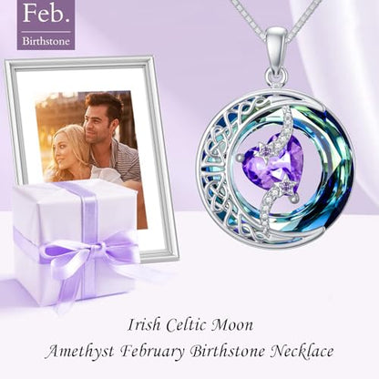 TOUPOP Birthstone Necklace Women Sterling Silver Moon Star Birthday Jewelry | Celtic Moon Pendant with Blue Crystal Anniversary Christmas Jewelry Gifts for Wife Mom Her - color: A-02-Amethyst