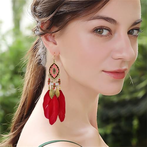 Dreuyet Boho Long Feather Drop Dangle Earrings for Women Retro Bohemian Ethnic Fringe Multicolor Tassel Feather Earring Handmade Statement Dream Catcher Earrings Jewelry - color: Red Oval