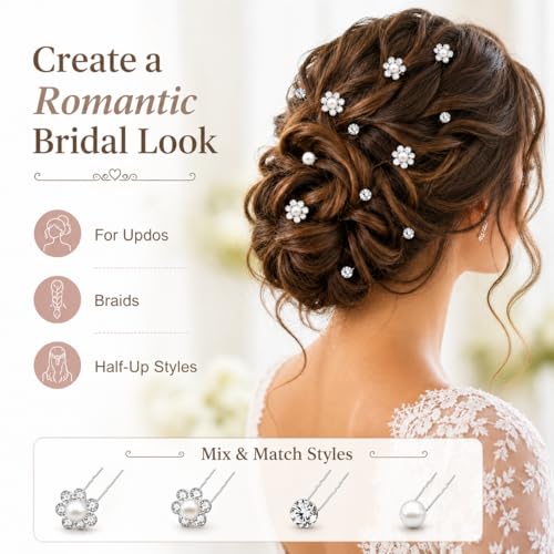 40 Pcs Silver Rhinestone Pearl Hair Pins for Women - U-Shaped Decorative Flower Diamond Hair Accessories, Perfect for Wedding, Prom, Brides, Bridesmaids & Daily Wear