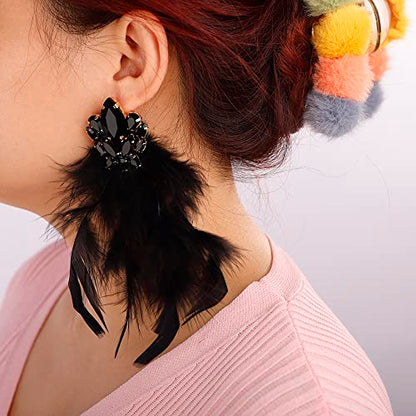 Denifery Long Feather Earrings Bohemian Earrings Multicolor Tassel Handmade Feather Earrings Dangling Earrings for Women (Black) - color: Black