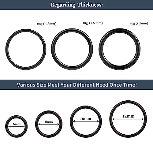 4Pcs 16G 18G 20G Surgical-Steel-Piercing-Ring-Nose-Rings-Hinged-Hoop-Earrings,6mm 8mm 10mm 12mm Seamless Stainless Steel Clicker Eyebrow Septum Piercing Hoop,Sliver Black Gold Rose Gold Rainbow Body Jewelry Set - color: 18G 8mm Black