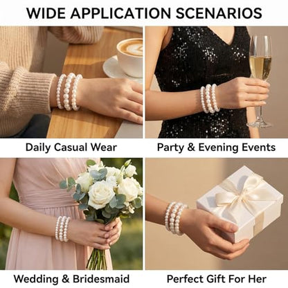QUUPY 10Pcs White Faux Pearl Bracelets Set, 5 Sizes Stackable Elastic Beaded Bracelets, Elegant Jewelry for Bridal, Wedding, Bridesmaid, Party, Daily Wear and Gifts