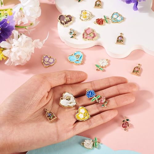 20Pcs Alloy Enamel Rose Charms Golden Plated 3D French Style Oil Painting Pendants Vinatge Floral Charms for Bracelet Necklace Earring - color: Golden Plated, 5 Styles