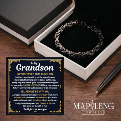 Grandson Gifts from Grandma Grandpa, Black Stainless Steel Bracelet with Meaningful Message Card, Birthday Gift for Grandson, Graduation Christmas Gift, Inspirational Keepsake Jewelry for Men - color: Grandson #9