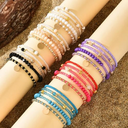 Bohemian Handmade Crystal Seed Beads Disc Pendant Colorful Multilayered Elastic Bracelets Stackable Stretch Strand Bangles Friendship Summer Beach Jewelry for Women - color: black