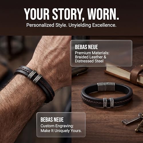 Personalized Bracelet for Men, Engraved Name Bead Braided Leather Bracelet for Dad Husband Grandpa Son, Custom Stainless Steel Men's Bracelet - color: 2 names