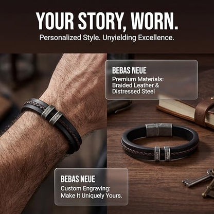 Personalized Bracelet for Men, Engraved Name Bead Braided Leather Bracelet for Dad Husband Grandpa Son, Custom Stainless Steel Men's Bracelet - color: 2 names