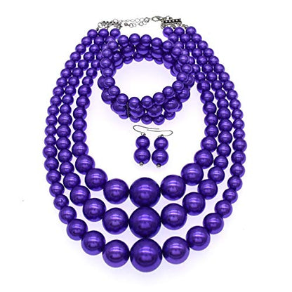 Big Chunky Pearl Necklace and Earrings Set Large Costume 1920s Faux Pearls Gatsby Accessories - color: Purple Pearl Necklace set