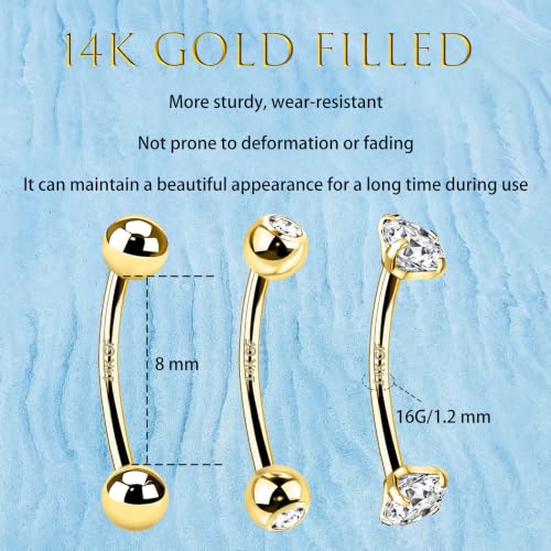 3 Pcs 14k Gold Filled Eyebrow Rings, 16G Rook Piercing Jewelry, Surgical Steel Vertical Lip Labret Belly Tongue Ring Daith Earring Curved Barbells 6mm/8mm/10mm - color: gold 8mm
