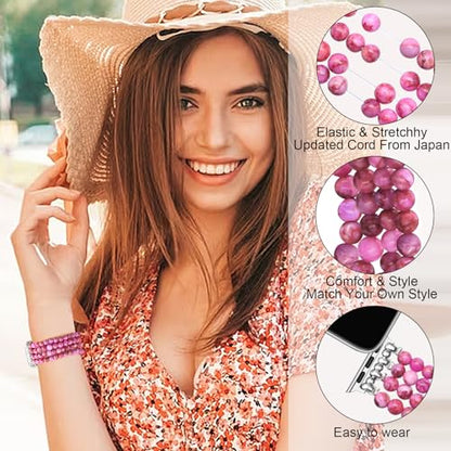 Newlibery Natural Stone Bracelet Beaded-Bands Women Compatible with Apple Watch 38mm 40mm 41mm 42mm (S10/11) Feminine Cute Handmade Stretch Strap for iWatch Series 11/10/9/8/7/6/5/4/3/2/1 SE 3/2/1 - color: A9 Rose Red, size: 38/40/41/42mm(s10/11)