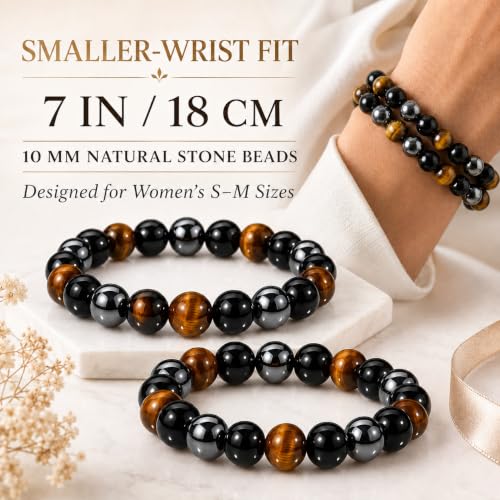 WFJ Black Obsidian Hematite Triple Protection Bracelets Set - Tiger Eye Beaded Natural Stone Bracelet for Men Women Gemstone (10MM) - color: Women’s S–M Wrist -Triple Protection Set of 2