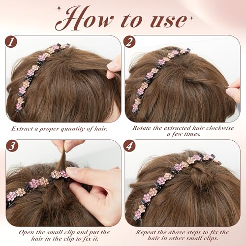 Suncalla 12 Pcs Headband with Clips Set for Women Girls, 6 Hairpin Headband, 6 Rhinestone Hair Clip, Flexible Double Layer Twist Plait Double Bangs Braided Hollow Woven Crystal Flower Hair Accessory