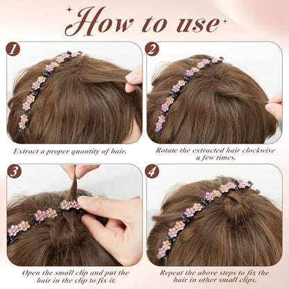 Suncalla 12 Pcs Headband with Clips Set for Women Girls, 6 Hairpin Headband, 6 Rhinestone Hair Clip, Flexible Double Layer Twist Plait Double Bangs Braided Hollow Woven Crystal Flower Hair Accessory