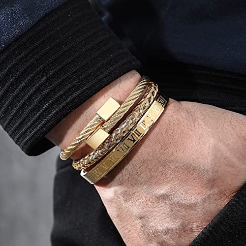 WFYOU 3PCS Stainless Steel Imperial Crown Bracelets for Men Gold Roman Numeral Bangle Bracelet Adjustable Cuff Bracelet Mens Luxury Jewelry Gifts - style: 09:Gold- Square