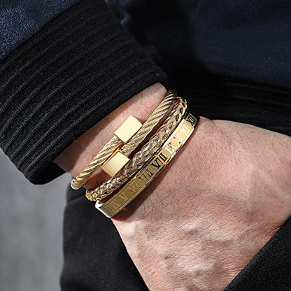WFYOU 3PCS Stainless Steel Imperial Crown Bracelets for Men Gold Roman Numeral Bangle Bracelet Adjustable Cuff Bracelet Mens Luxury Jewelry Gifts - style: 09:Gold- Square