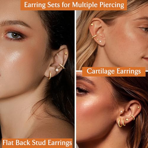 FASACCO Small Tiny Stud Flat Back Earring Hypoallergenic Gold Studs 14K Surgical Steel Earring Sets for Multiple Piercing Cartilage Hoop Earrings - color: gold tone