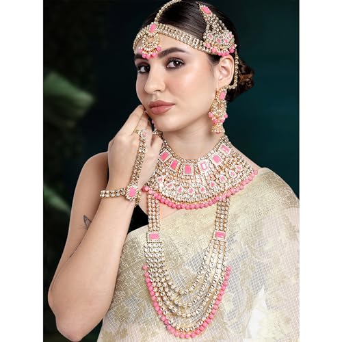 Aheli Traditional Wedding Indian Bharatanatyam jewellery set Long Choker Necklace Earrings Maang Tikka Nath Paasa Hath Phool for Women - color: Pink