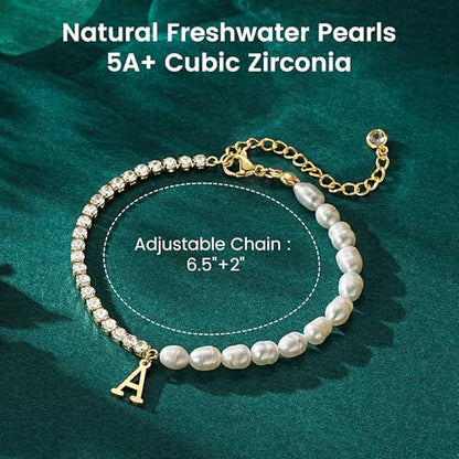 Ritach Gold Bracelets for Women Girls - 14K Gold Plated Freshwater Pearl Bracelet Dainty Gold Initial CZ Tennis Bracelets for Women Girls Pearl Jewelry Birthday Wedding Bridesmaid Gifts - style: S