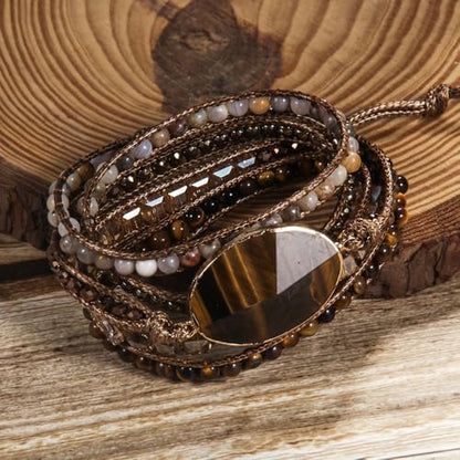 Handmade Boho Wrap Bracelets Natural Turquoise Crystal Stone Variety Beaded Strand Bracelet - color: Tiger Eye 2