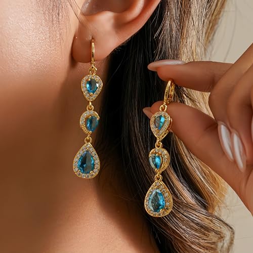 18K Gold Plated Flower Dangle Earrings for Women, Hypoallergenic Cubic Zirconia Earrings, Elegant CZ Drop Earrings, Statement Jewelry Gifts Party Fashion - style: OBS0354-Blue