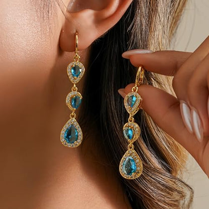 18K Gold Plated Flower Dangle Earrings for Women, Hypoallergenic Cubic Zirconia Earrings, Elegant CZ Drop Earrings, Statement Jewelry Gifts Party Fashion - style: OBS0354-Blue
