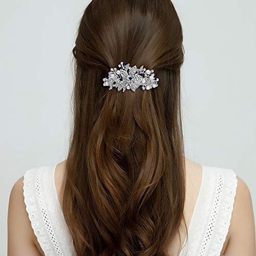 EVER FAITH Austrian Crystal Bridal Hibiscus Cream Simulated Pearl Hair Clip Barrette Blue Silver-Tone - color: Blue