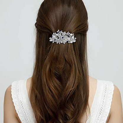 EVER FAITH Austrian Crystal Bridal Hibiscus Cream Simulated Pearl Hair Clip Barrette Blue Silver-Tone - color: Blue