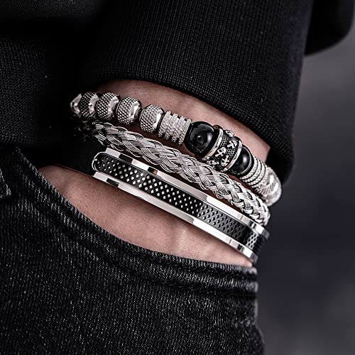 3pcs/set Classical Handmade Braiding Bracelet Hip Hop Men Pave CZ Leopard Head Roman Numeral Bracelet Stainless Steel Jewelry - color: 3pcs V Black