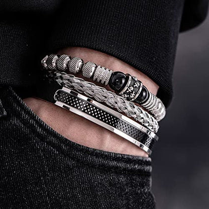 3pcs/set Classical Handmade Braiding Bracelet Hip Hop Men Pave CZ Leopard Head Roman Numeral Bracelet Stainless Steel Jewelry - color: 3pcs V Black