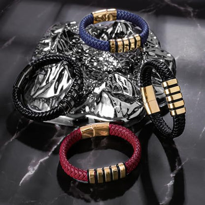 Stainless Steel Mens Bracelets - Black Leather Punk Cuff Jewelry - color: Blue plated