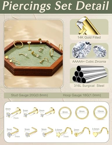 JeryWe 12PCS Nose Rings for Women - Gold Plated Hypoallergenic Surgical Steel Nose Rings Hoops Lip Septum Clicker Ring CZ Screw L Shaped Studs Threadless Flat Back Stud Nostril Piercing Jewelry - color: Gold Tone- Heart CZ