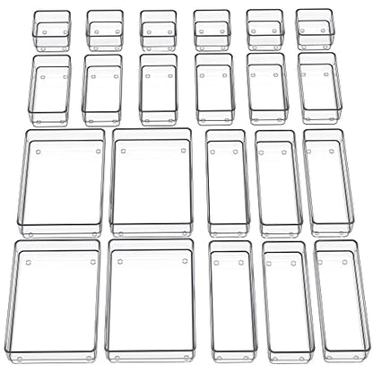 SMARTAKE 22 PCS Drawer Organizer, 4-Size Desk Bathroom Drawer Organizer | 4-Size Storage Tray with Non-Slip Silicone Pads for Makeup, Jewelries, Utensils in Bedroom Dresser, Office and Kitchen, Clear - size: Large