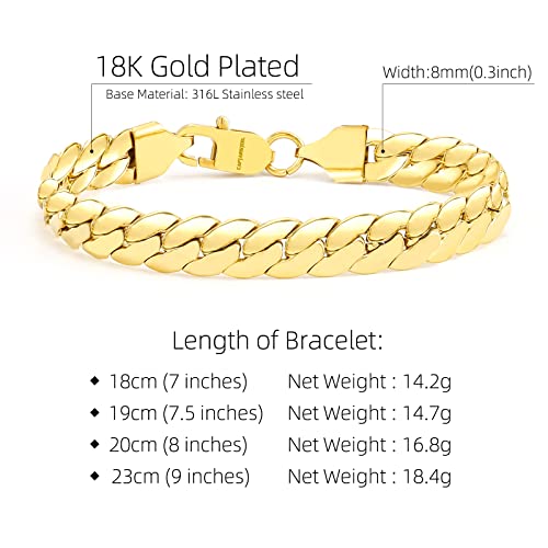 CaptainSteeL Cuban Bracelet for Men Stainless Steel Chain Link Bracelet | 8mm Width,7/7.5/8/9 Inch Length, Silver/18K Gold Plated,Men Bracelet,Waterproof Bracelet,Bithday ,Christmas gift - color: Dense Chain Gold Plate, size: 7in