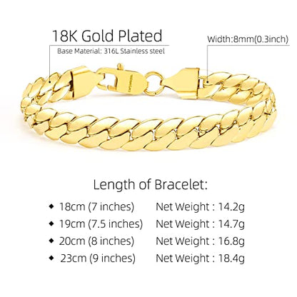 CaptainSteeL Cuban Bracelet for Men Stainless Steel Chain Link Bracelet | 8mm Width,7/7.5/8/9 Inch Length, Silver/18K Gold Plated,Men Bracelet,Waterproof Bracelet,Bithday ,Christmas gift - color: Dense Chain Gold Plate, size: 7in