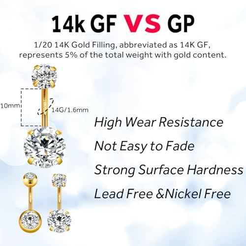 2pcs 14k Gold Filled Belly Button Rings, 14G 8mm/10mm/12mm Threaded Barbell Belly Button Piercing, Navel Ring Piercing Jewelry - color: 14K GF-2pcs-Round CZ-10mm