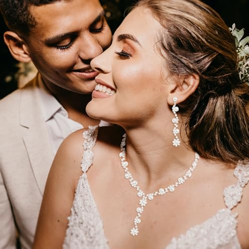Crysdue Women's Wedding Bridal Jewelry Set for Brides Bridesmaids Cubic Zirconia Flower Leaf Vine Necklace Dangle Earrings for Prom Party - style: 27-silver