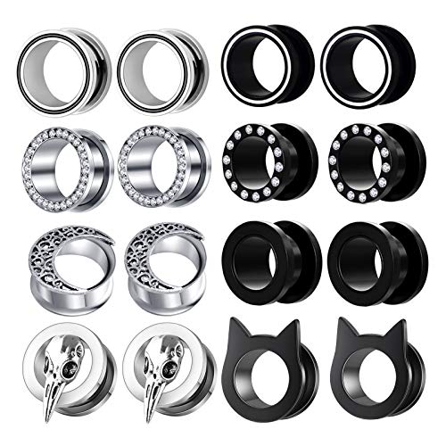 TIANCI FBYJS 8 Pairs Surigcal Stainless Steel Ear Gauges Black Plug Tunnels for Men Women Screw Hollow Earrings Gauges For Ear 00g 2g 0g -5/8'' inch Piercings Stretcher Set - style: 16MM=5/8''