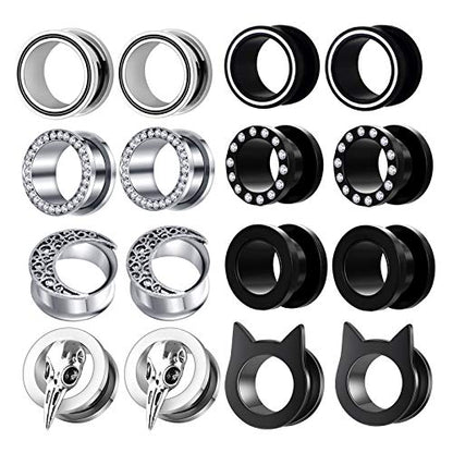 TIANCI FBYJS 8 Pairs Surigcal Stainless Steel Ear Gauges Black Plug Tunnels for Men Women Screw Hollow Earrings Gauges For Ear 00g 2g 0g -5/8'' inch Piercings Stretcher Set - style: 10mm=00g